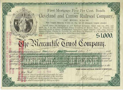 Certificate of Deposit for one $1,000 bond issued by the Cleveland & Canton Railroad Co