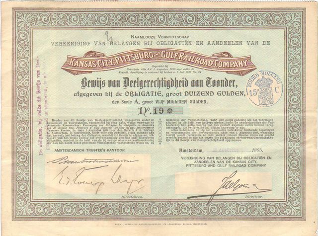 Dutch fund certificate representing the ownership of 1,000 Guilders of bonds in the Kansas City Pittsburg & Gulf Railroad Co