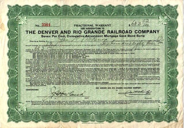 Fractional warrant for less than a full $1,000 bond of the Denver & Rio Grande Railroad