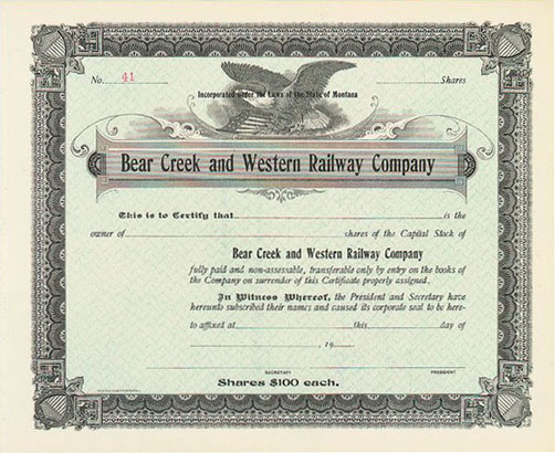 Bear Creek & Western Railway stock certificate