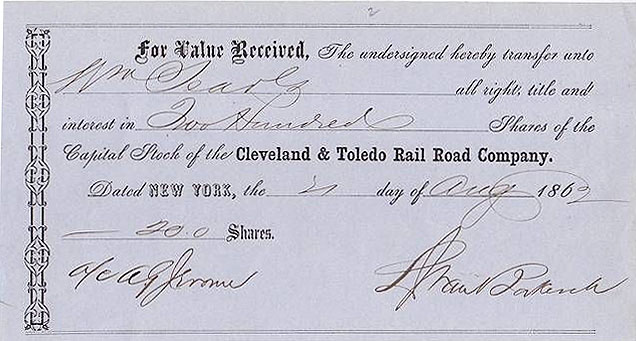 Transfer receipt for shares of the Cleveland & Toledo Rail Road Co