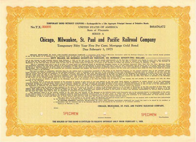 Specimen of a temporary bond with a printed denomination of $60,676,672