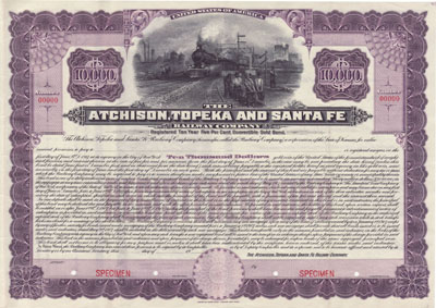 Registered bond of the Atchison Topeka & Santa Fe Railway Co