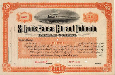 St Louis Kansas City & Colorado Railroad 50-share stock certificate