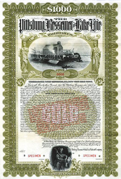 Modification of terms of a Pittsburg Bessemer & Lake Erie Railroad bond by a red overprint