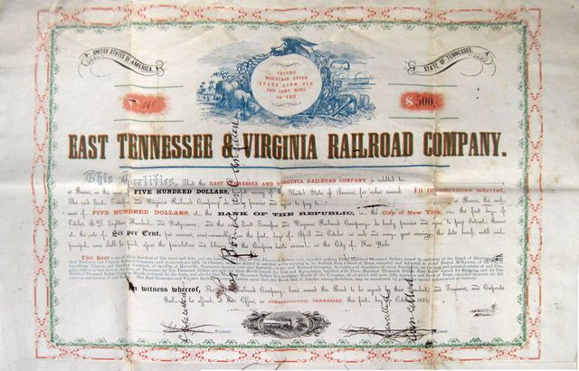 1857 bond from the East Tennessee & Virginia Railroad.