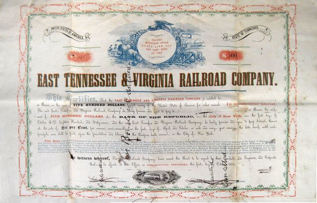 1857 bond from the East Tennessee & Virginia Railroad.