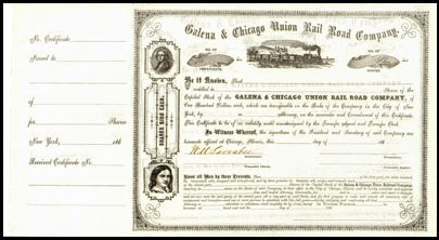 Galena & Chicago Union Rail Road Co stock certificate with stub attached