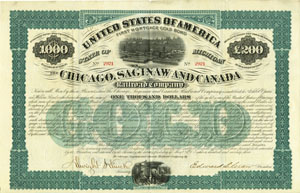 Uncancelled 1873 Chicago Saginaw & Canada Railroad Co gold bond