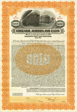 Typical railroad gold bond issued by the Chicago Aurora & Elgin Corporation in 1922