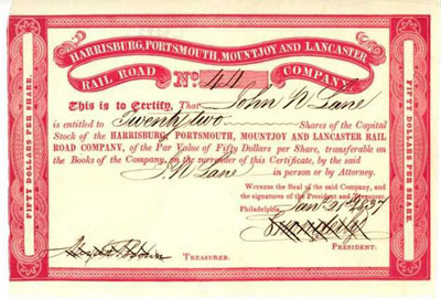 1837 stock certificate from the Harrisburg Portsmouth Mount Joy & Lancaster Rail Road Company