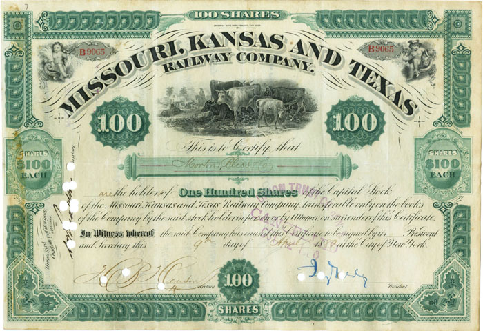 Jay Gould signature on Missouri Kansas & Texas stock certificate