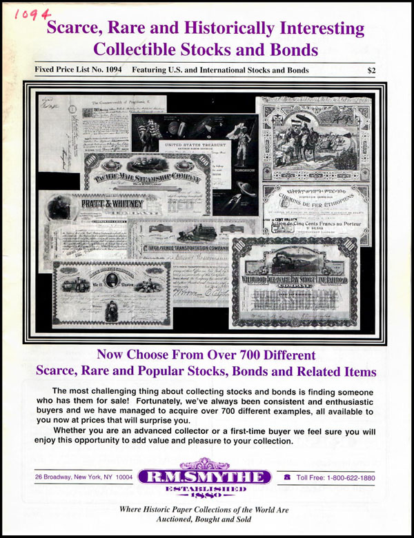 R.M. Smythe fixed price list, October, 1994