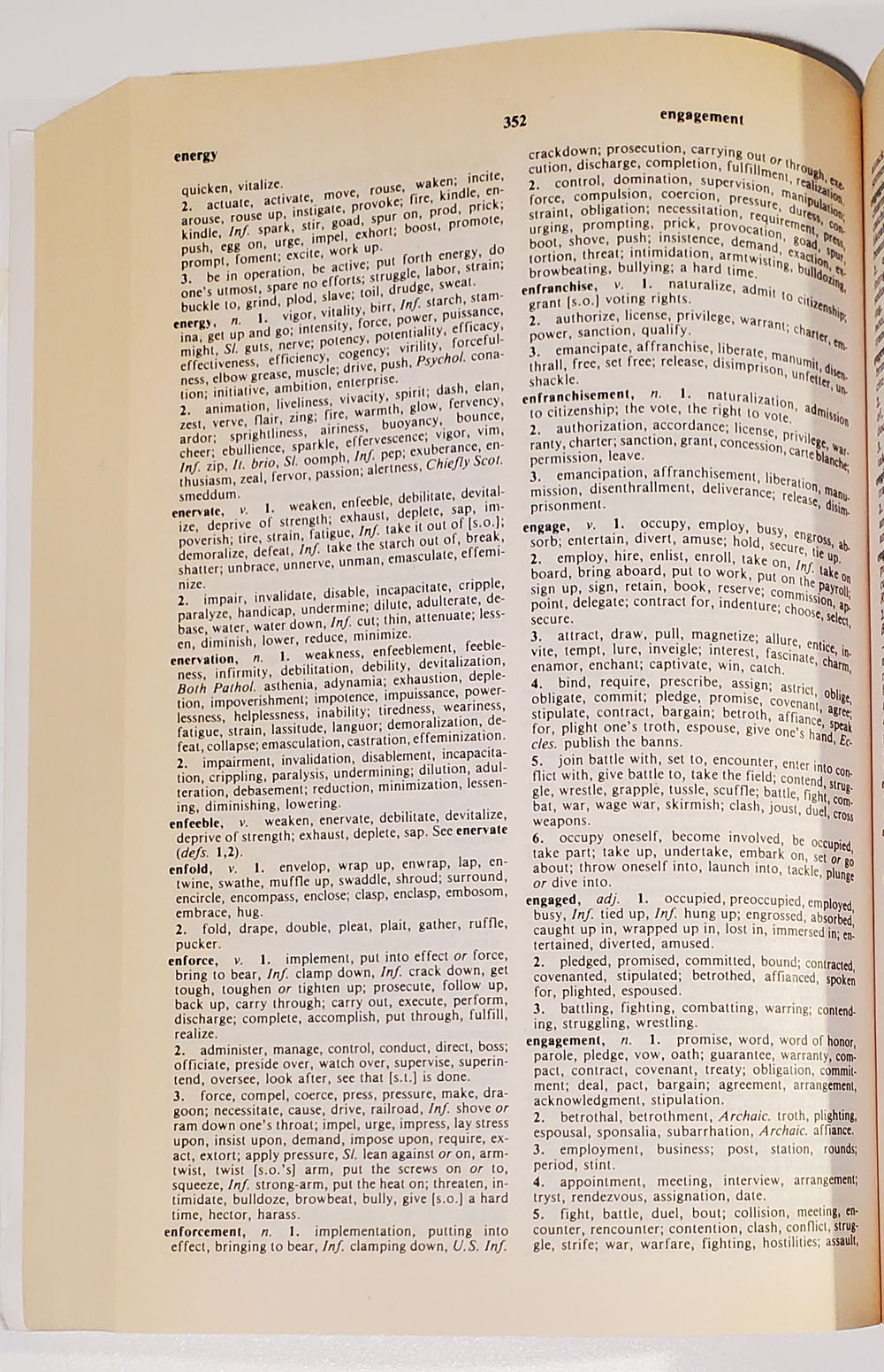 1986 thesaurus printed on wood pulp paper showing acid deterioration. 1986 thesaurus printed on wood pulp paper showing acid deterioration.