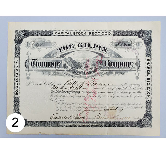 1889 stock certificate from the Gilpin Tramway Co, Gilpin County, Colorado