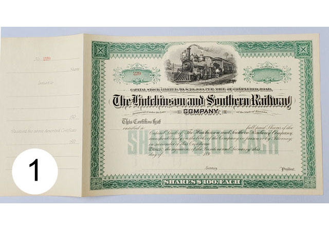 unissued Hutchinson & Southern Railway stock certificate with stub unissued Hutchinson & Southern Railway stock certificate with stub