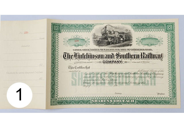 unissued Hutchinson & Southern Railway stock certificate with stub
