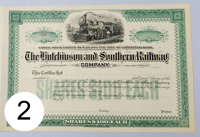 Hutchinson & Southern Railway stock certificate from the state of Kansas
