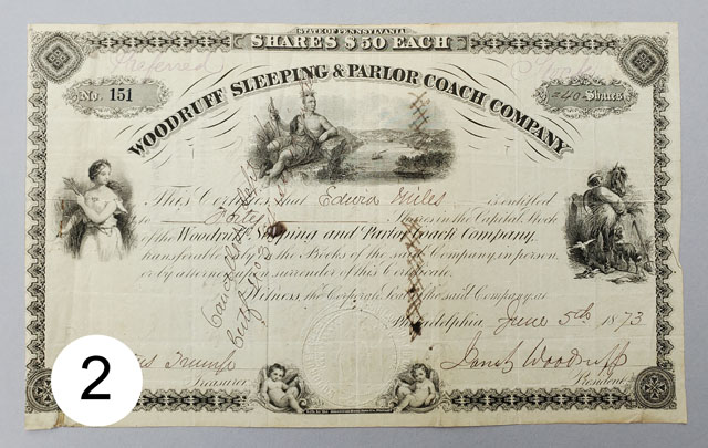 Woodfuff Sleeping and Parlor Coach Co stock certificate Woodfuff Sleeping and Parlor Coach Co stock certificate