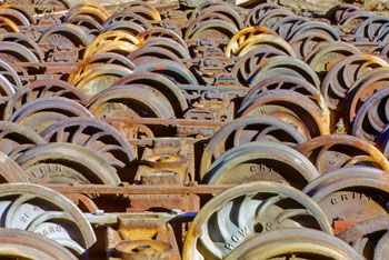 Narrow gauge railcar trucks at Colorado Railroad Museum ©Terry Cox 1986