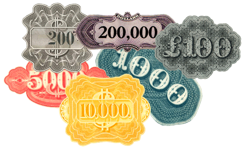 Collage of denomination medallions from several bonds