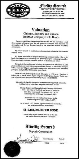 Certificate attesting to the bogus valuation of Chicago Saginaw & Canada Railroad gold bonds