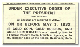 1933 order displayed in Post Offices requiring surrender of gold coins and bullion