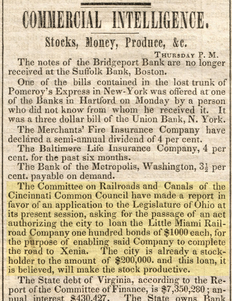 1844 article in the New York Weekly Tribune discussing Cincinnati's plan to aid the Little Miami Railroad