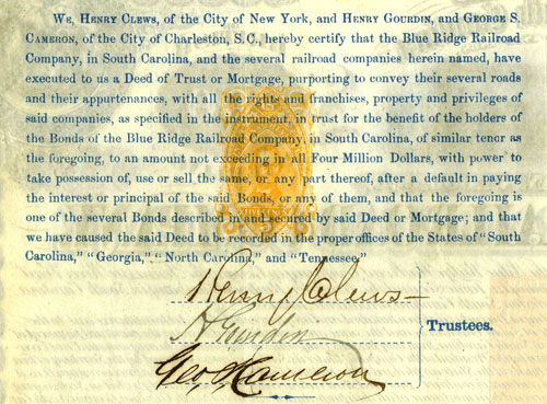 Security agreement signed by Henry Clews on back of Blue Ridge Railroad bond