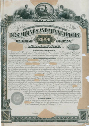 Mockup of Des Moines & Minneapolis Railroad Company bond