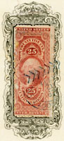 Typical adhesive revenue stamp on stock certificate.