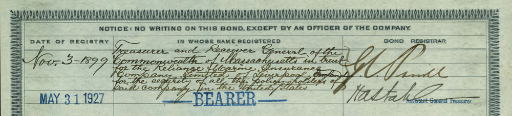 Back of coupon bond indicating change from bearer status to registered and back to bearer