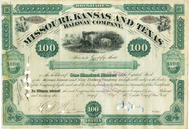 Missouri Kansas & Texas Railway stock with Jay Gould signature