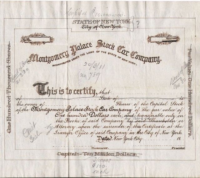 Rare mockup of a stock certificate for the Montgomery Palace Car Company