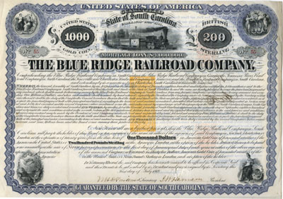 1869 bond of The Blue Ridge Railroad Company