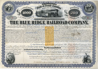 1869 bond of The Blue Ridge Railroad Company 1869 bond of The Blue Ridge Railroad Company
