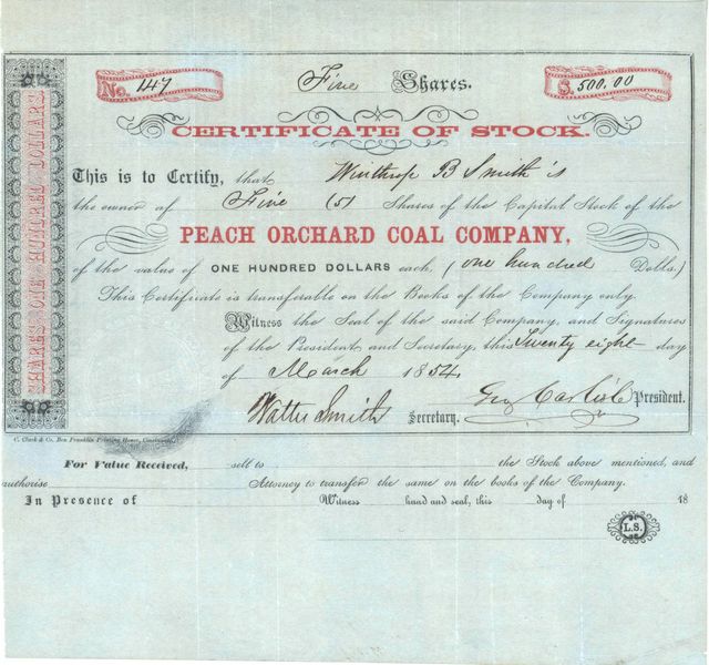 Peach Orchard Coal Co stock certificate, 1854