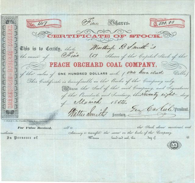 Peach Orchard Coal Co stock certificate, 1854 Peach Orchard Coal Co stock certificate, 1854