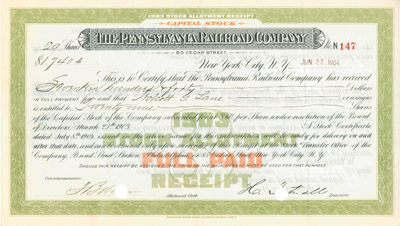 Allotment receipt for stock in the Pennsylvania Railroad Co