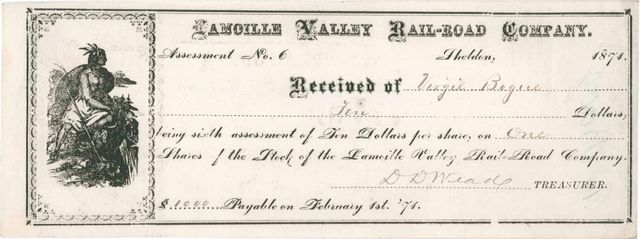 Receipt ofr payment of $10/share assessment of stock of the Lamoille Valley Rail-Road Co