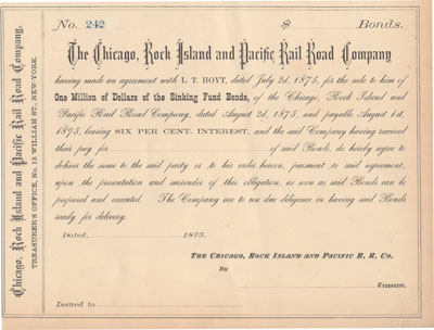 Receipt for partial payment on bond of the Chicago Rock Island & Pacific Rail Road