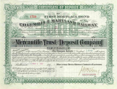 Certificate of Deposit for one $1,000 bond issued by the Columbia & Maryland Railroad