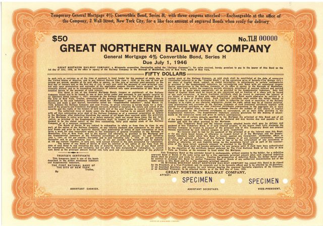 Specimen temporary mortgage bond for the Great Northern Railway