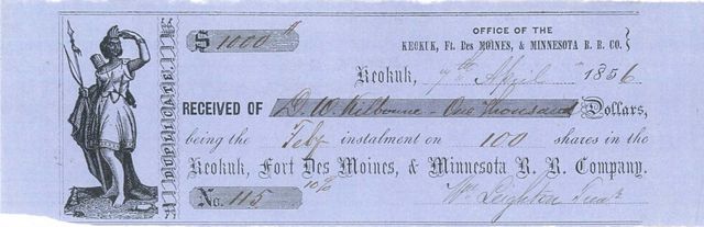 1856 receipt for 10% installment payment for 100 sh of Fort Des Moines & Minnesota Railroad