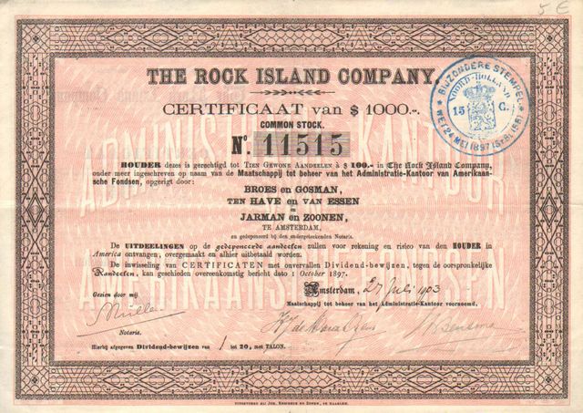 Dutch fund certificate representing the ownership of $1,000 of common stock in the Rock Island Co