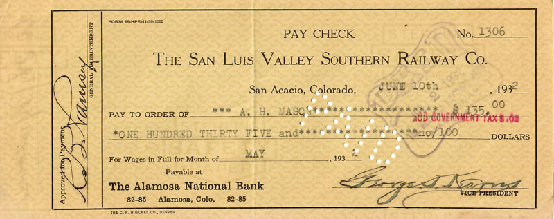 $135 paycheck for one month's wages on the San Luis Valley Southern Railway in 1932.