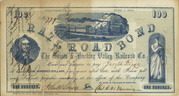 1854 currency issued by the Scioto & Hocking Valley Railroad Co
