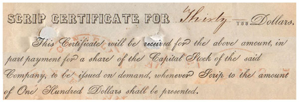 Enlargement of text of Baltimore & Ohio Rail Road scrip certificate Enlargement of text of Baltimore & Ohio Rail Road scrip certificate