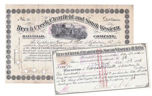 1883 stock certificate and matching assessment receipt