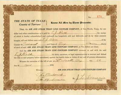 Receipt for payment on stock of the Air & Steam Train Line Coupler Co
